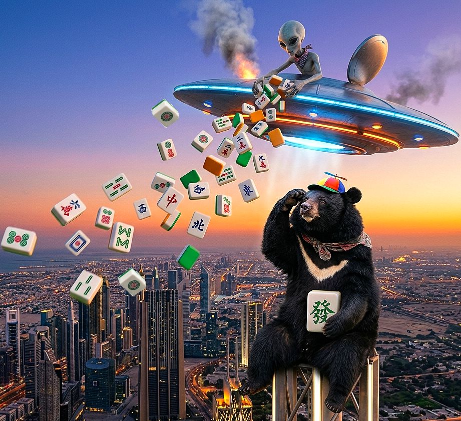 UFO驚現杜拜哈里發塔,星際ET與黑熊在杜拜麻將交流,外星人也想碰,幽浮路過看熱鬧,黑熊與外星人揪團打牌,台灣黑熊,台灣熊愛打麻將,台灣黑熊打麻將,杜拜麻將大賽,杜拜哈里發塔揪團打牌,杜拜麻將推廣大使,中東土豪麻將大賽